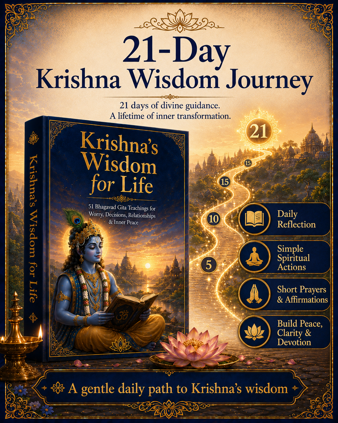 Krishna’s Wisdom for Life – 51 Bhagavad Gita Teachings for Worry, Decisions, Relationships & Inner Peace | 199-Page Illustrated Digital Ebook