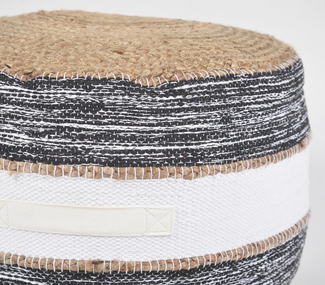 Hand-Braided Jute & Greyscale Cotton Pouf - GAAIA