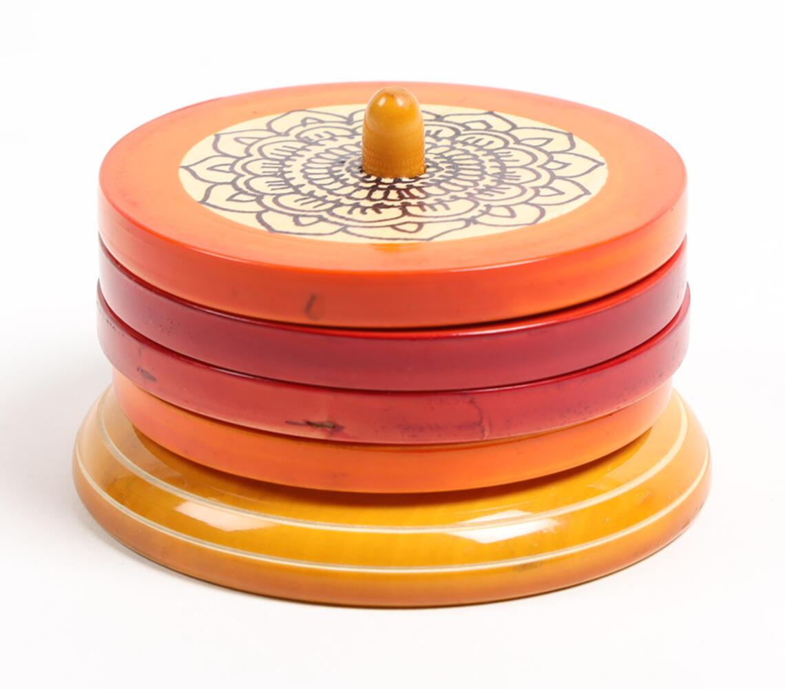 Hand Painted & Turned Wooden Channapatna Coasters with Stand (set of - GAAIA