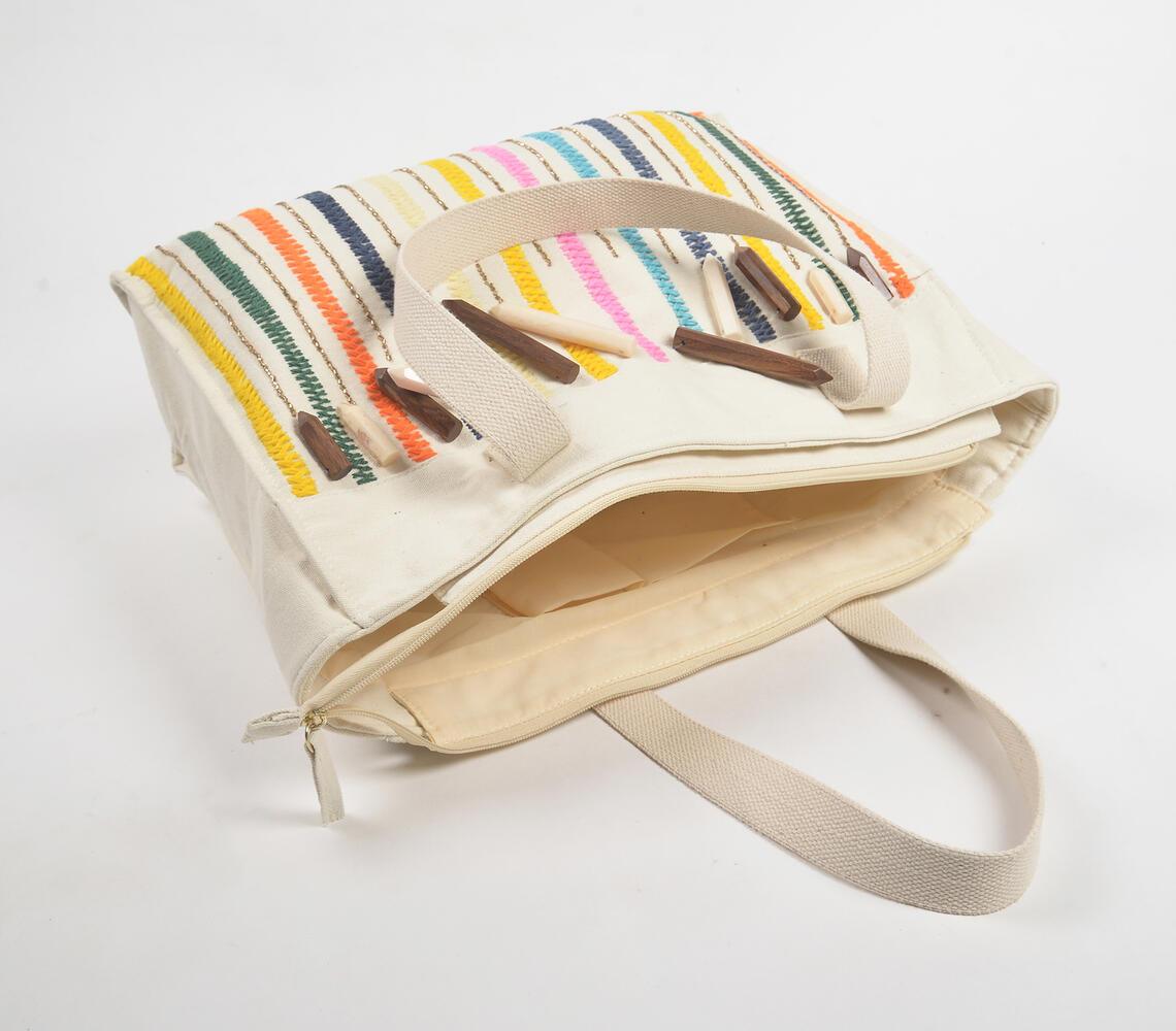 Multicolor Stripes White Canvas Tote Bag - GAAIA