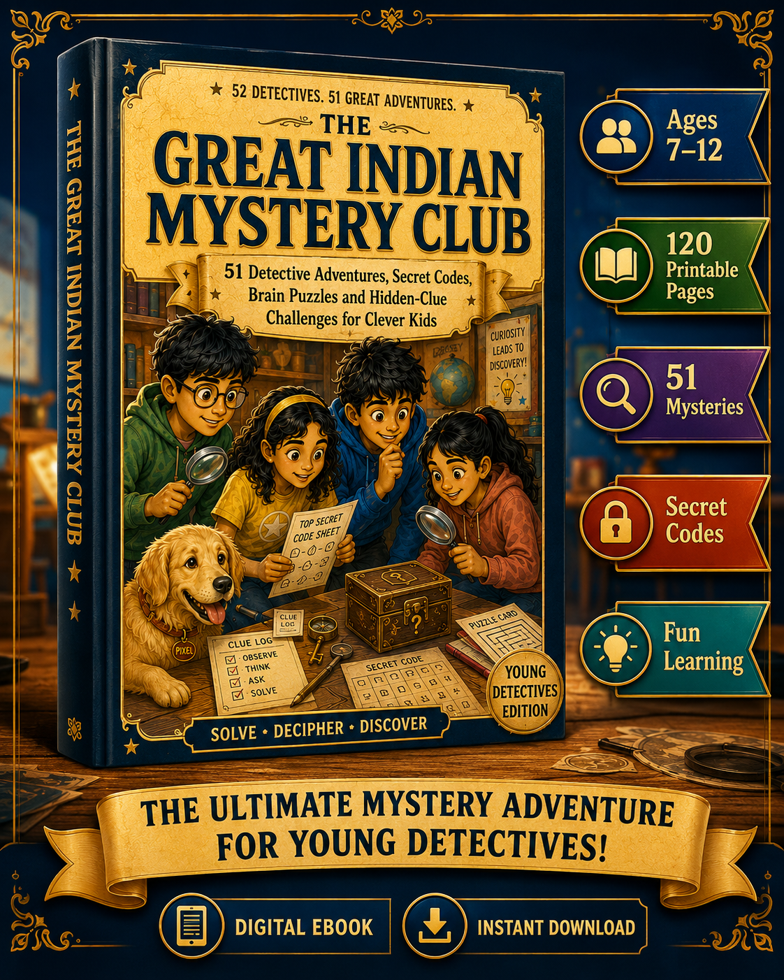 The Great Indian Mystery Club 🕵️‍♂️ | 51 Detective Adventures, Secret Codes & Brain Puzzles for Kids Ages 7–12 | 120-Page Printable PDF