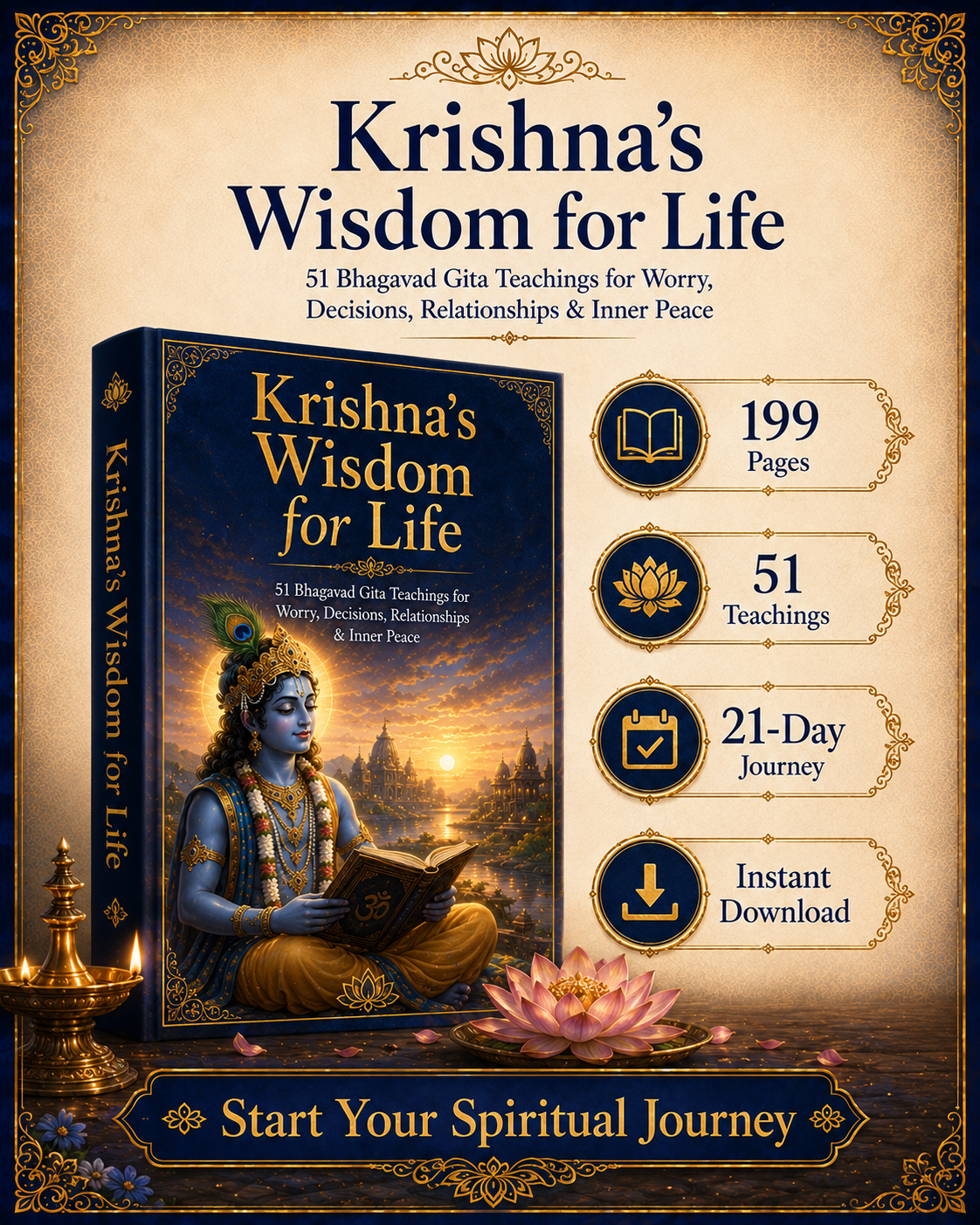 Krishna’s Wisdom for Life – 51 Bhagavad Gita Teachings for Worry, Decisions, Relationships & Inner Peace | 199-Page Illustrated Digital Ebook