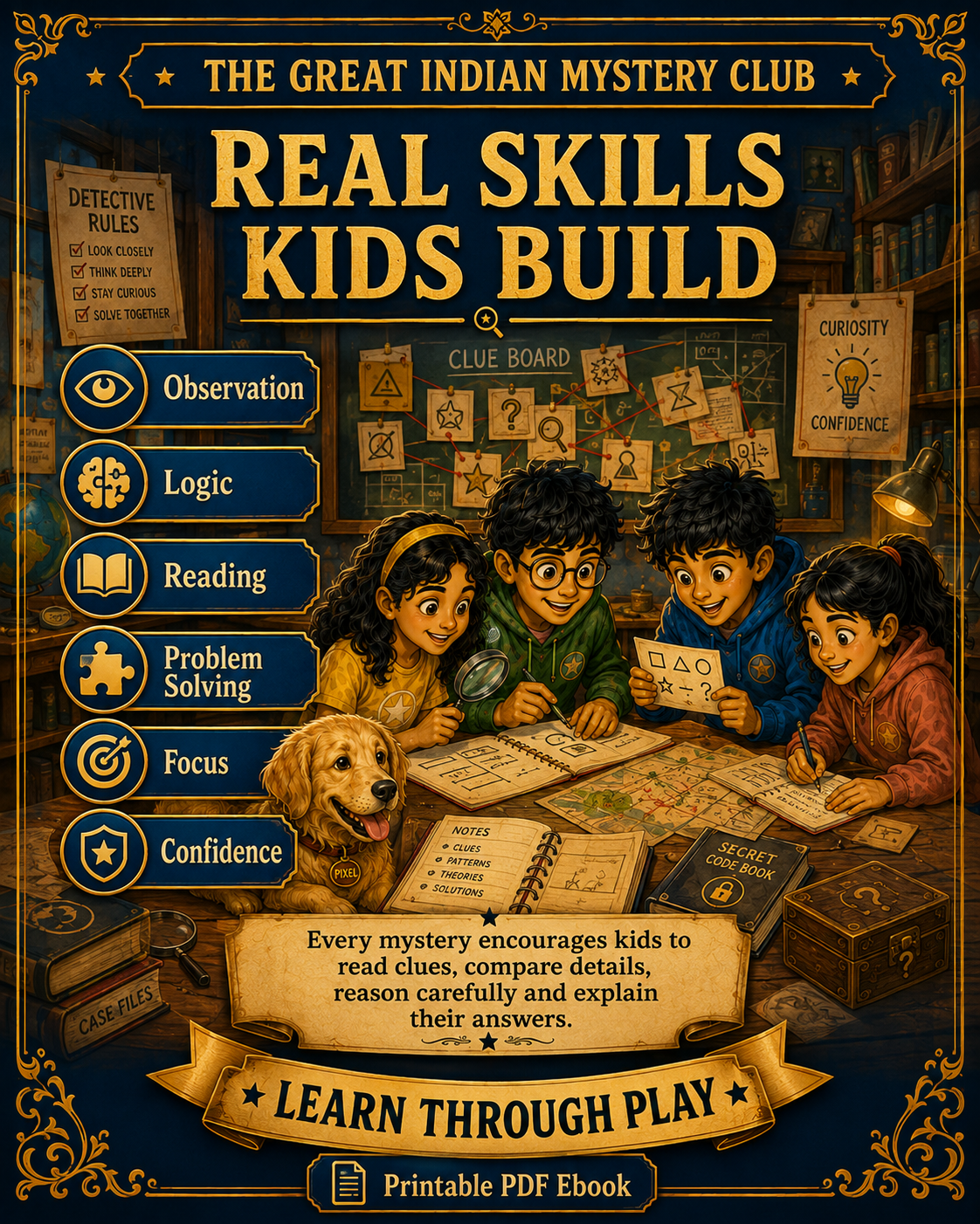 The Great Indian Mystery Club 🕵️‍♂️ | 51 Detective Adventures, Secret Codes & Brain Puzzles for Kids Ages 7–12 | 120-Page Printable PDF