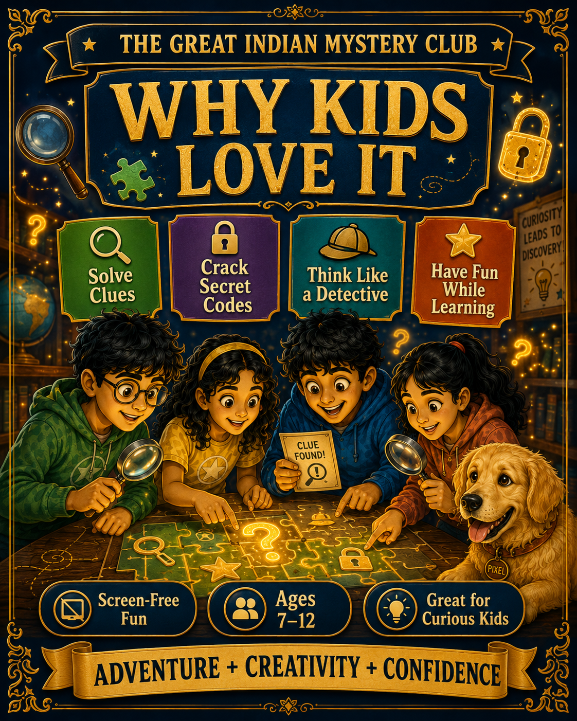The Great Indian Mystery Club 🕵️‍♂️ | 51 Detective Adventures, Secret Codes & Brain Puzzles for Kids Ages 7–12 | 120-Page Printable PDF