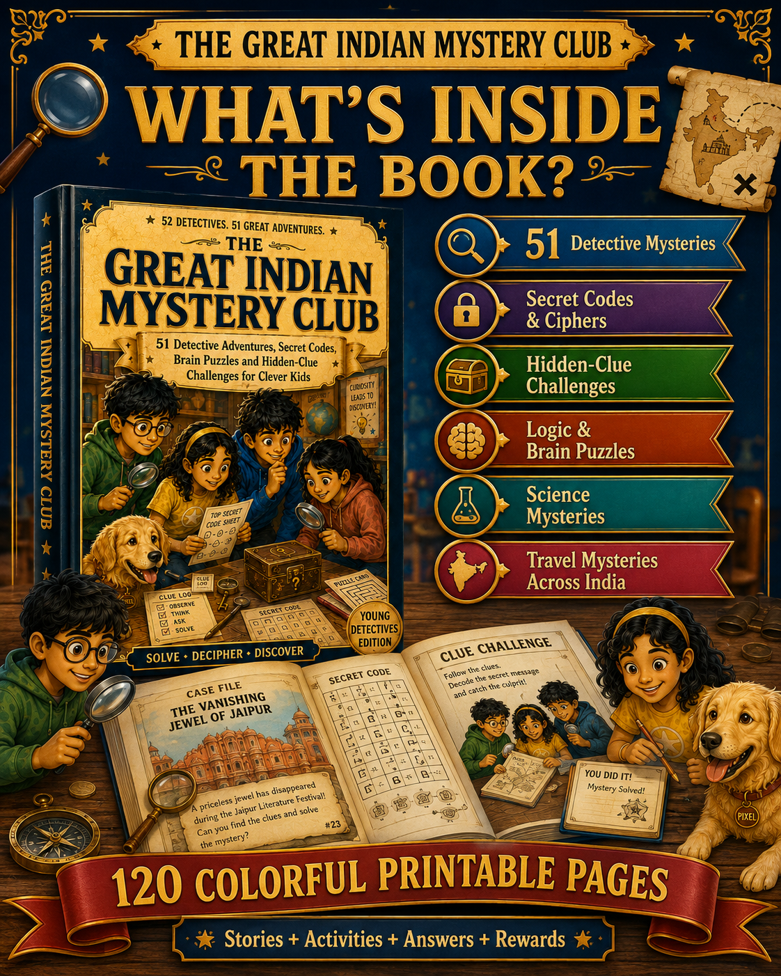 The Great Indian Mystery Club 🕵️‍♂️ | 51 Detective Adventures, Secret Codes & Brain Puzzles for Kids Ages 7–12 | 120-Page Printable PDF