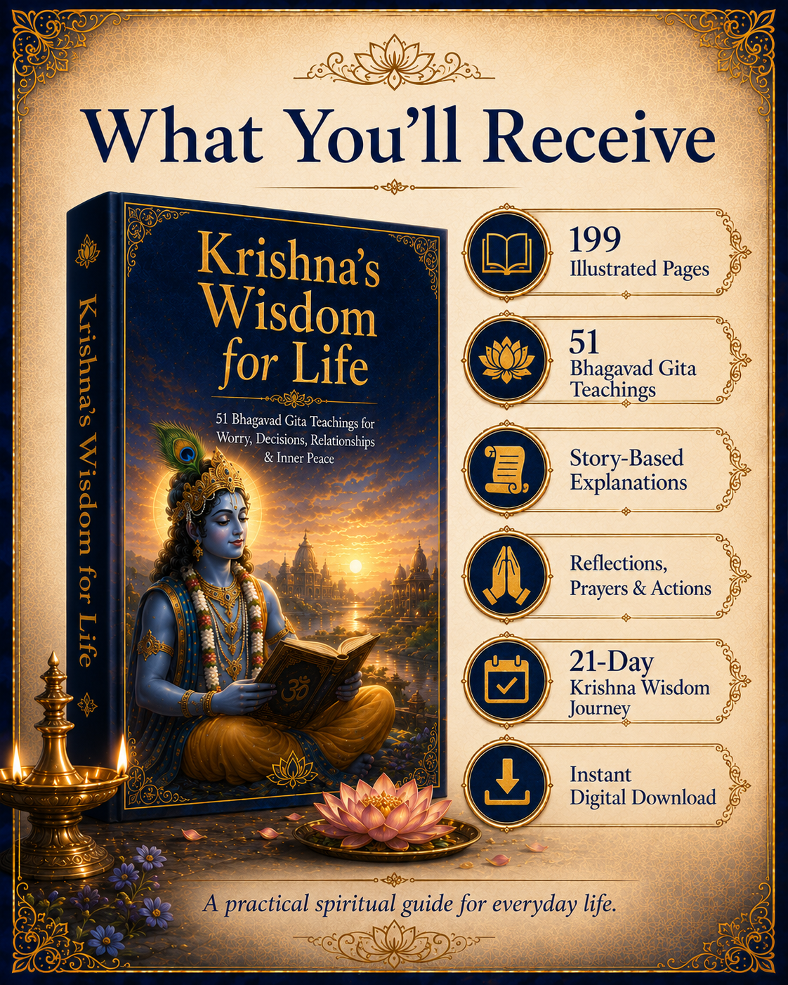 Krishna’s Wisdom for Life – 51 Bhagavad Gita Teachings for Worry, Decisions, Relationships & Inner Peace | 199-Page Illustrated Digital Ebook