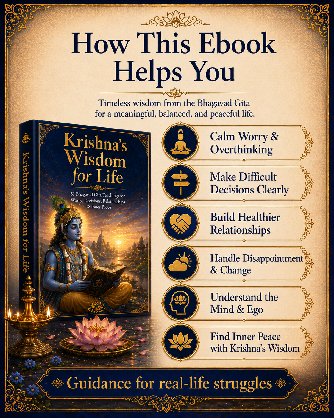Krishna’s Wisdom for Life – 51 Bhagavad Gita Teachings for Worry, Decisions, Relationships & Inner Peace | 199-Page Illustrated Digital Ebook