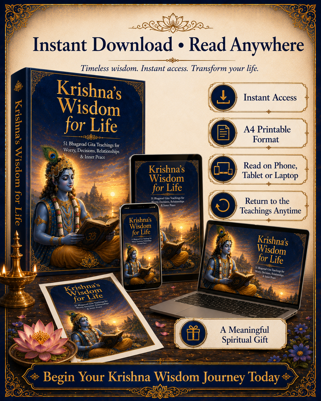 Krishna’s Wisdom for Life – 51 Bhagavad Gita Teachings for Worry, Decisions, Relationships & Inner Peace | 199-Page Illustrated Digital Ebook