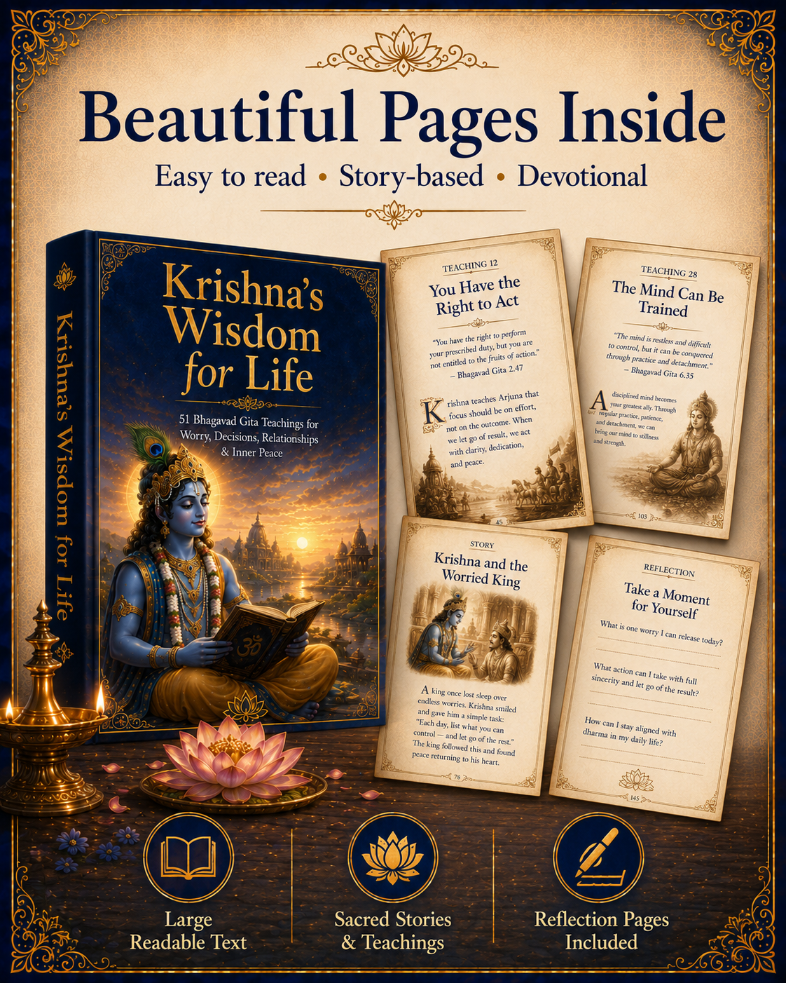 Krishna’s Wisdom for Life – 51 Bhagavad Gita Teachings for Worry, Decisions, Relationships & Inner Peace | 199-Page Illustrated Digital Ebook