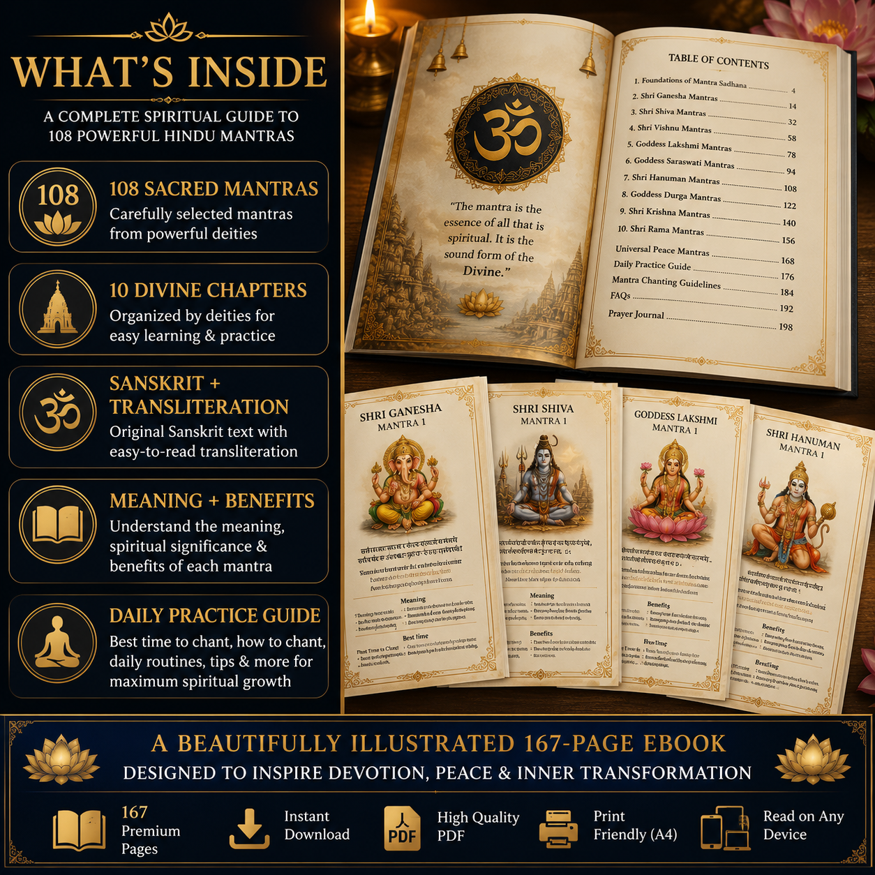 The Complete Mantra Handbook – 108 Powerful Hindu Mantras for Daily Chanting, Meditation & Spiritual Growth (Premium Illustrated eBook)