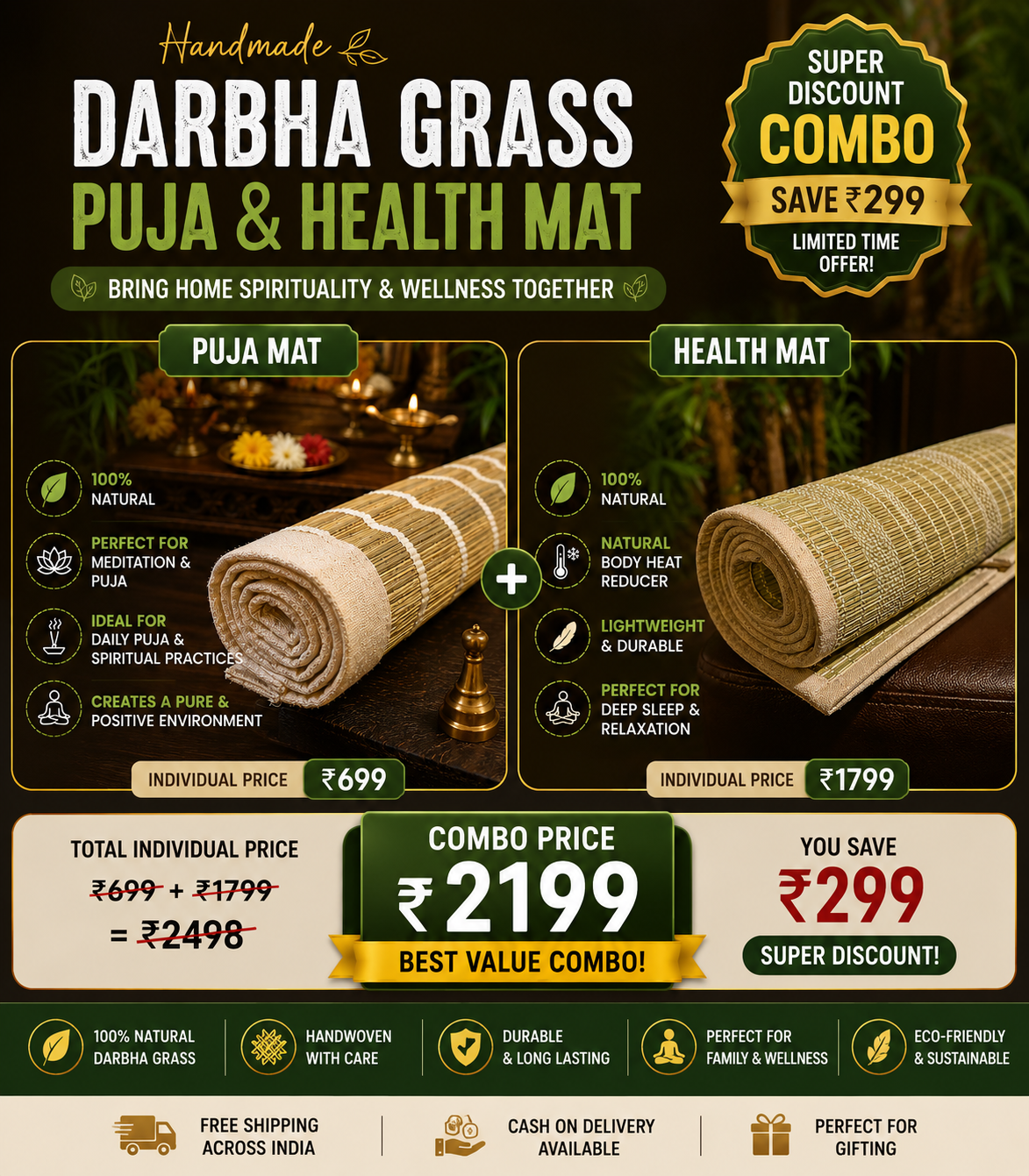 SUPER DISCOUNT BUNDLE - Darbha Grass Sleeping Mat + Darbha Grass Meditation Mat
