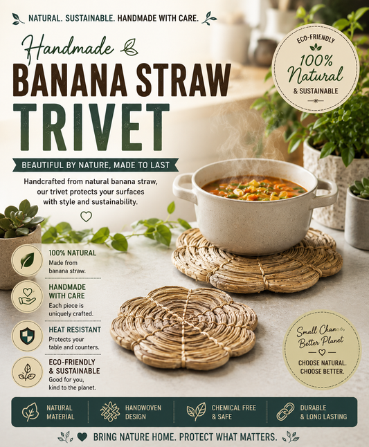 Handmade Banana Straw Trivet | Eco-Friendly Heat Resistant Pot Mat | Natural Kitchen & Dining Decor (Set of 2)