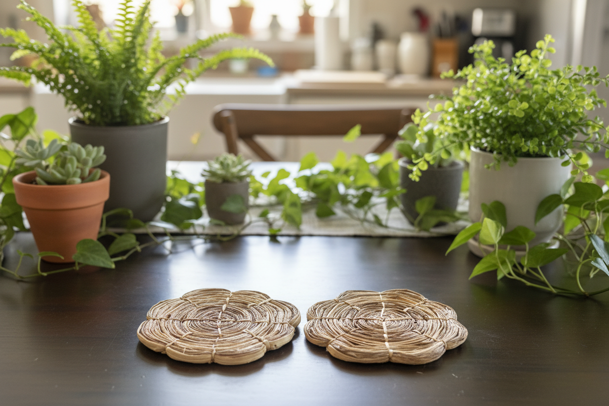 Handmade Banana Straw Trivet | Eco-Friendly Heat Resistant Pot Mat | Natural Kitchen & Dining Decor (Set of 4)