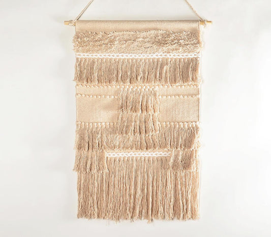 Handwoven cotton beige fringed wall hanging - GAAIA