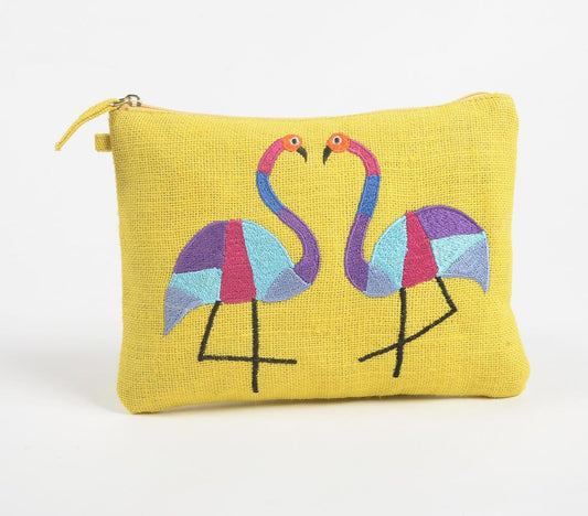 Abstract Flamingos Yellow Jute Pouch - GAAIA