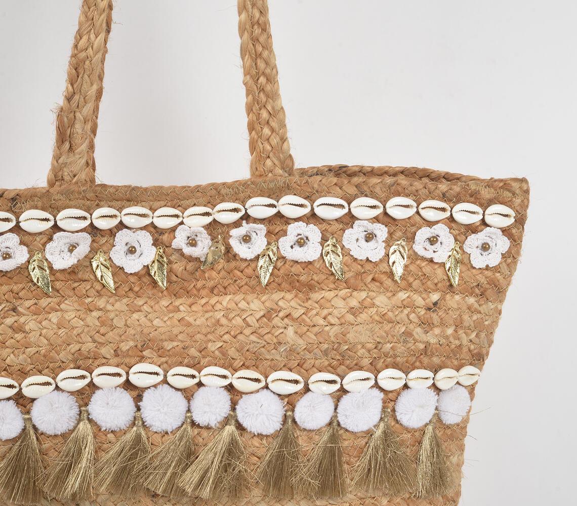 Beachy Shells & Tassels Jute Boho Tote Bag - GAAIA