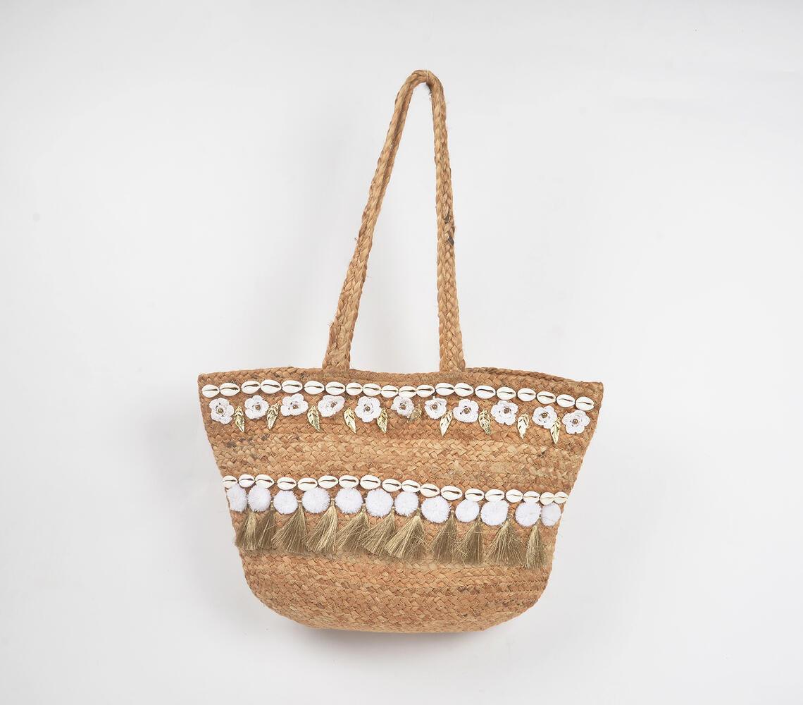 Beachy Shells & Tassels Jute Boho Tote Bag - GAAIA