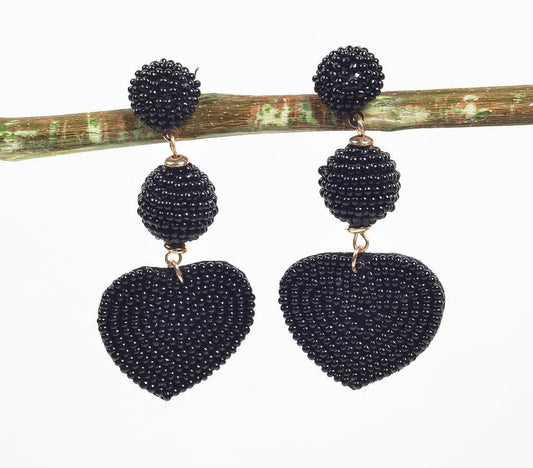 Beaded Black Heart Dangle Earrings - GAAIA