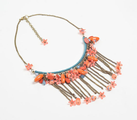 Beaded Coral Flowers Drop Necklace - GAAIA