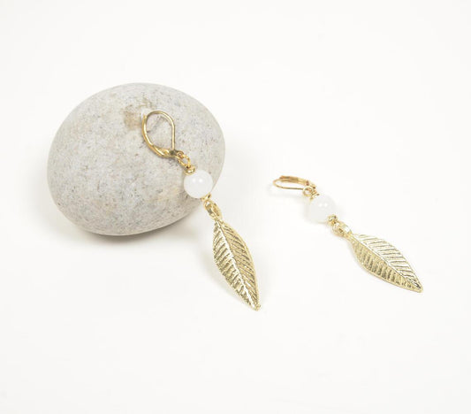 Beaded Feather Brass Dangle Earrings - GAAIA