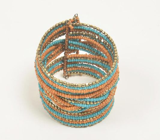 Beaded Teal & Orange Ethnic Stacked Bracelet - GAAIA