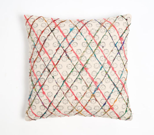 Block Printed & Embroidered Cotton Geometric Cushion Cover - GAAIA