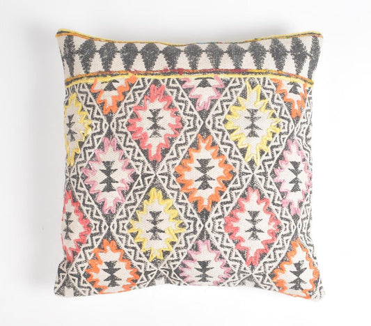 Block Printed & Embroidered Geometric Cushion Cover - GAAIA