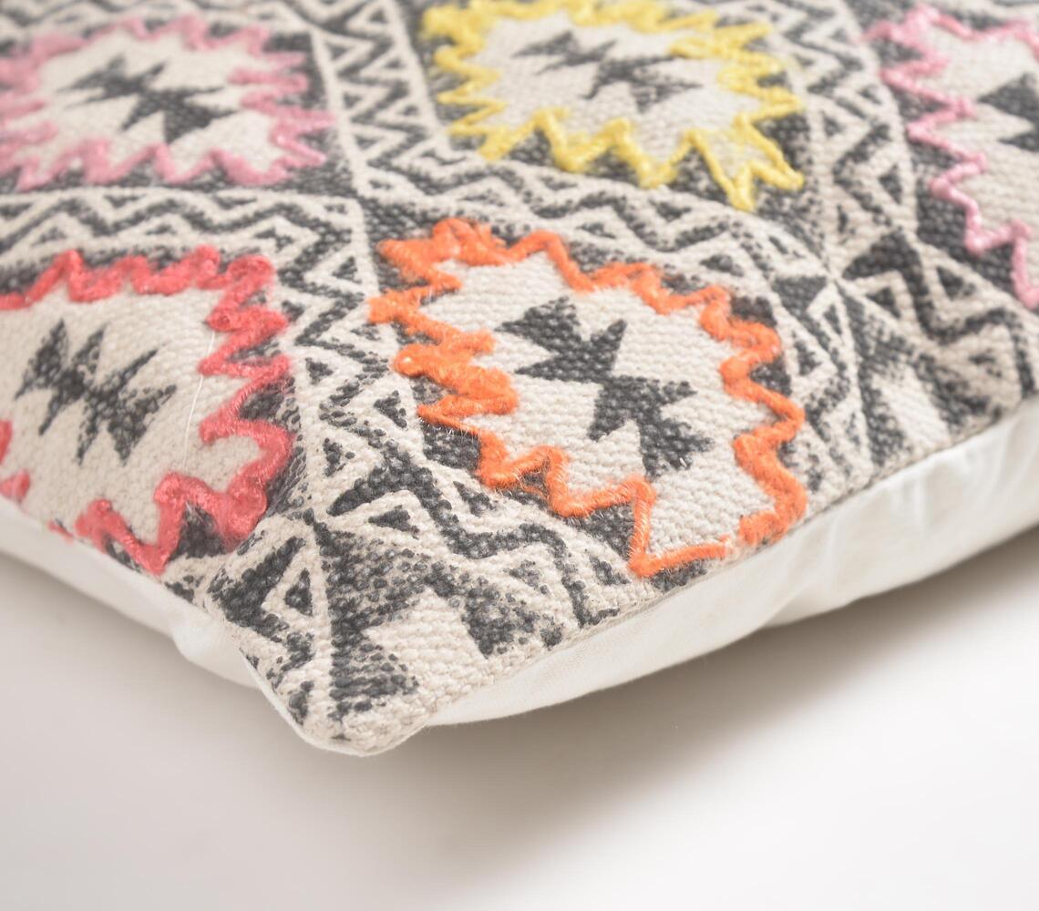 Block Printed & Embroidered Geometric Cushion Cover - GAAIA