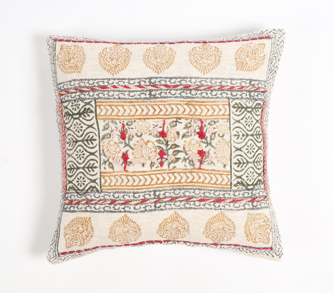 Block Printed Cotton Floral Cushion Cover - GAAIA