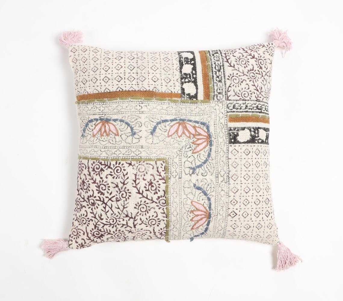 Block Printed Cotton Geometric-Floral Tasseled Cushion Cover - GAAIA