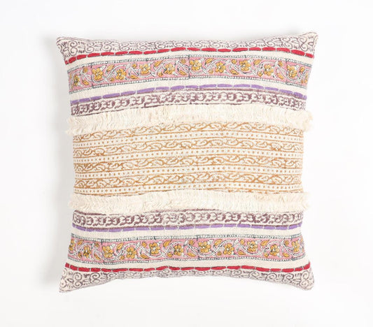 Block Printed Cotton Striped-Motifs Cushion Cover - GAAIA