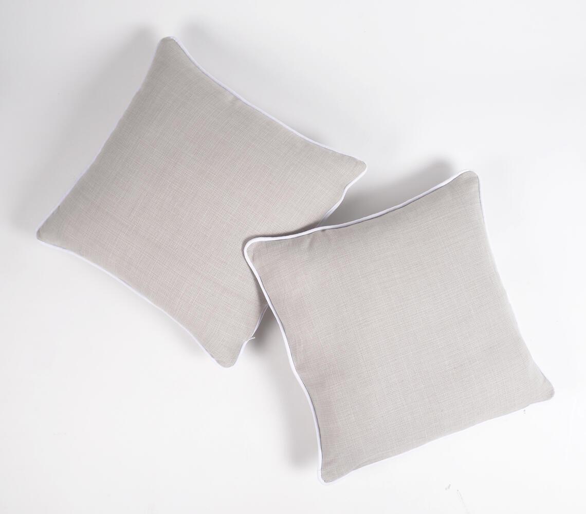 Bordered Solid Grey Hand loom Cotton Cushion Covers (set of 2) - GAAIA