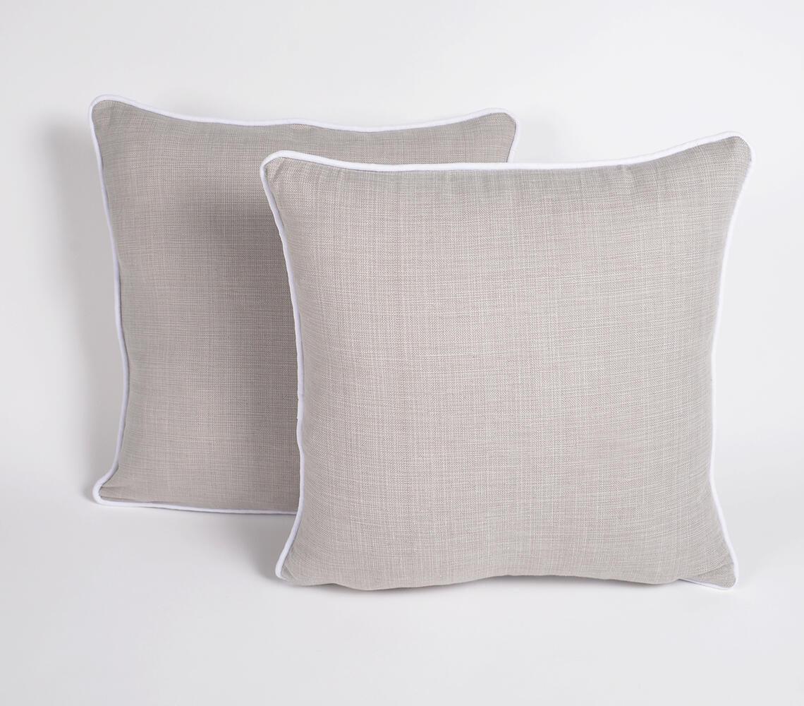 Bordered Solid Grey Hand loom Cotton Cushion Covers (set of 2) - GAAIA