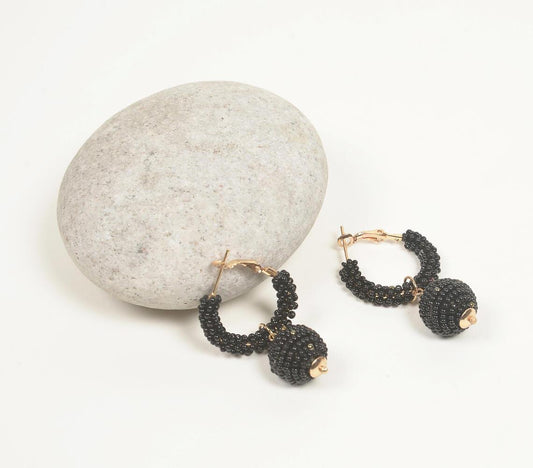 Bronze-Toned Iron & Black Beaded Dangled-Hoop Earrings - GAAIA