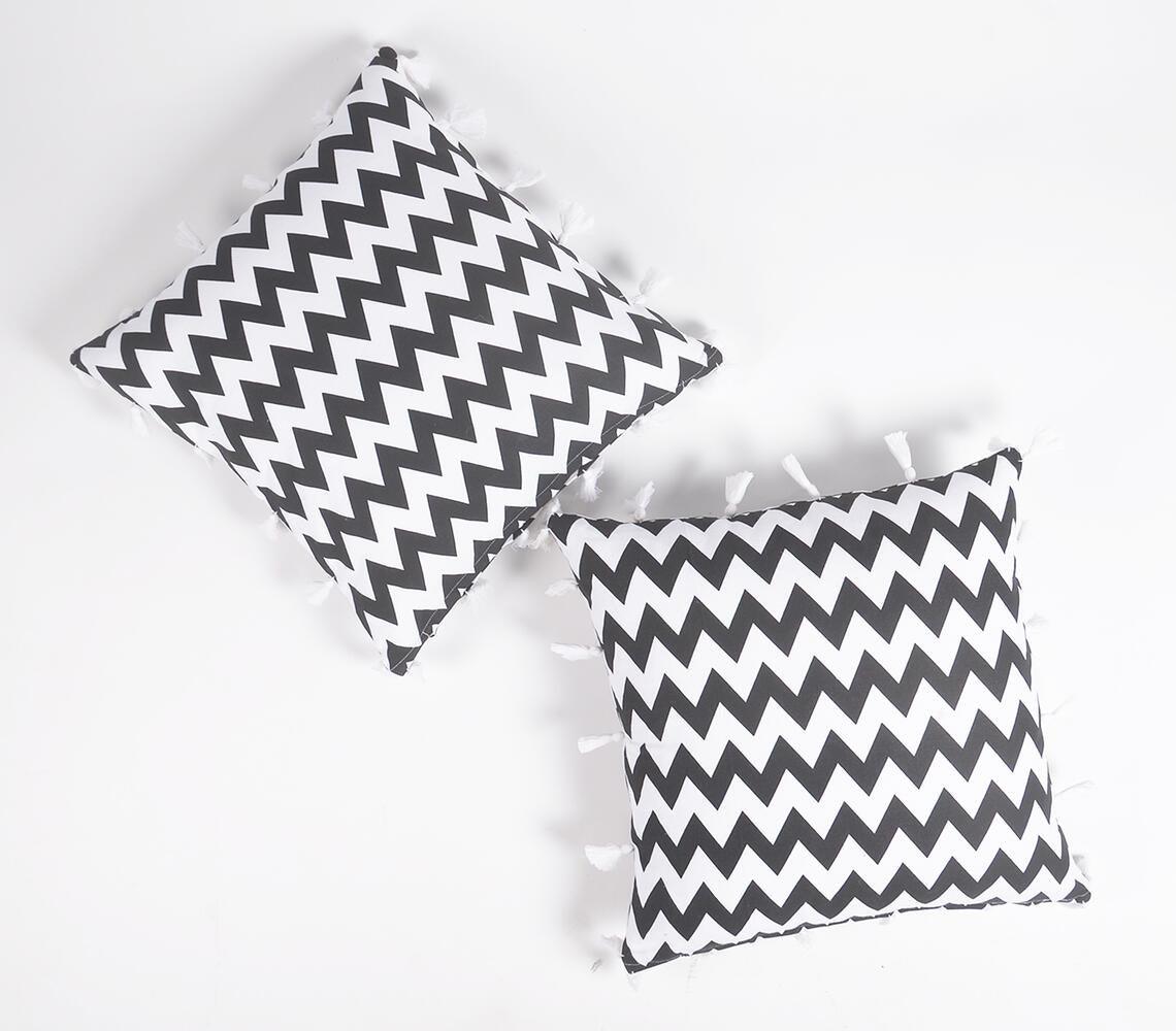 Chevron Printed & Tasseled Hand loom Cotton Cushion Covers (set of 2) - GAAIA