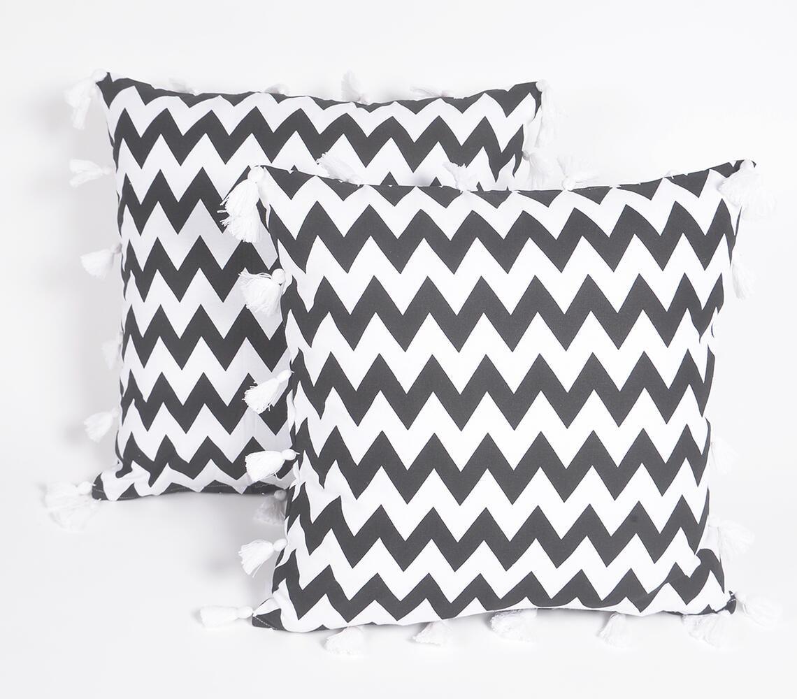 Chevron Printed & Tasseled Hand loom Cotton Cushion Covers (set of 2) - GAAIA