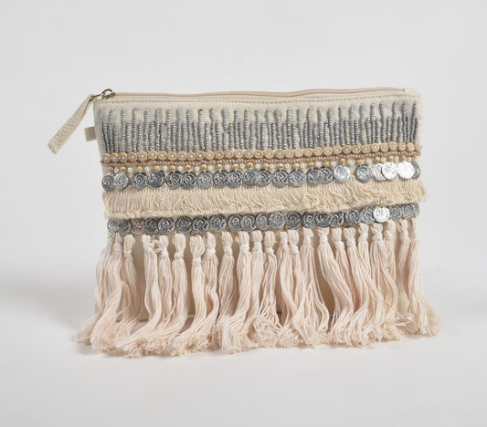 Coin & Tassel Embellished Canvas Pouch - GAAIA