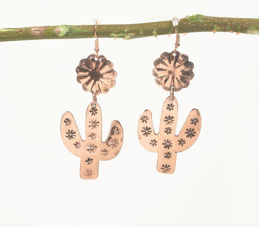 Copper-Toned Brass Floral-Cacti Dangle Earrings - GAAIA