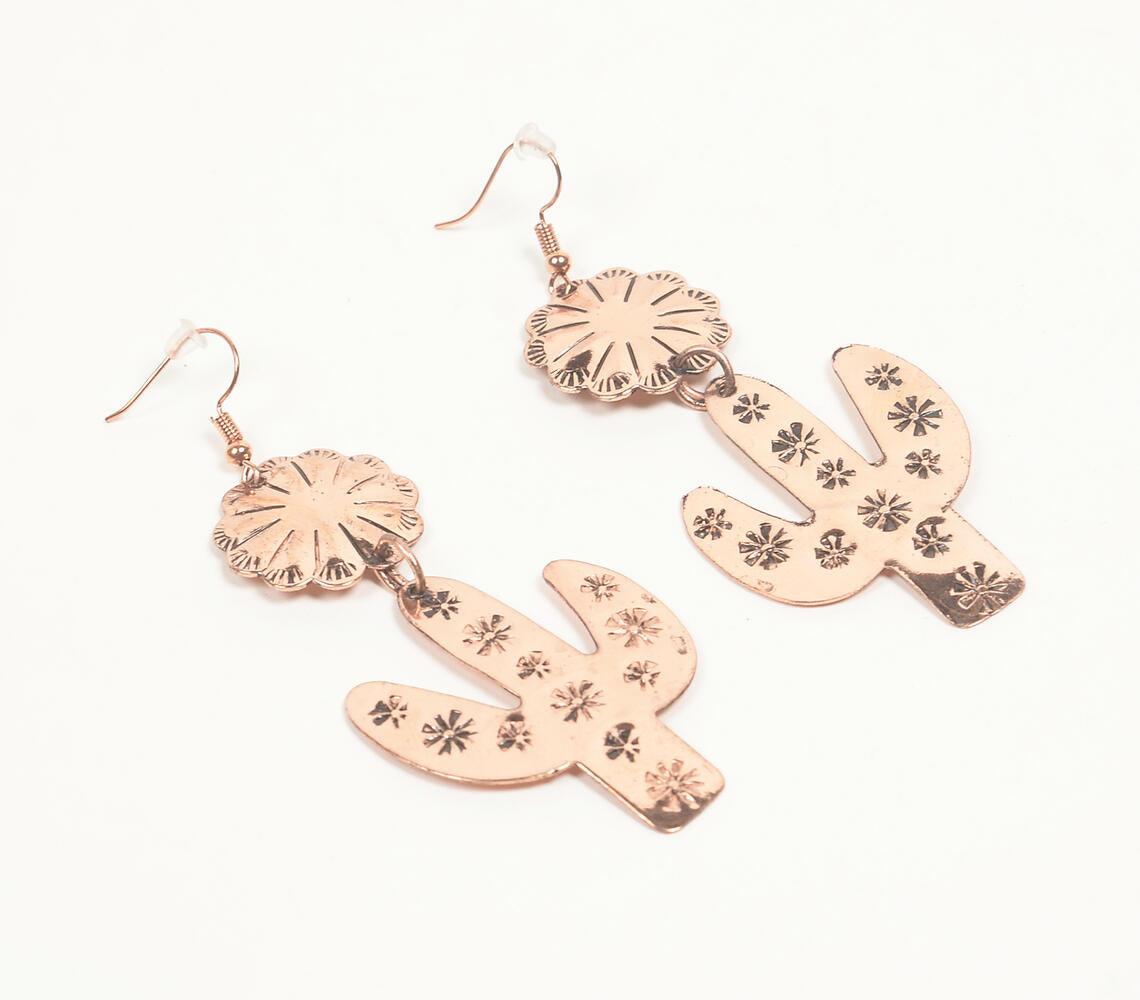 Copper-Toned Brass Floral-Cacti Dangle Earrings - GAAIA