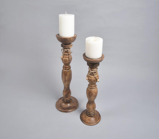 Dark Burnt Wooden Candle Holders (Set of 2) - GAAIA