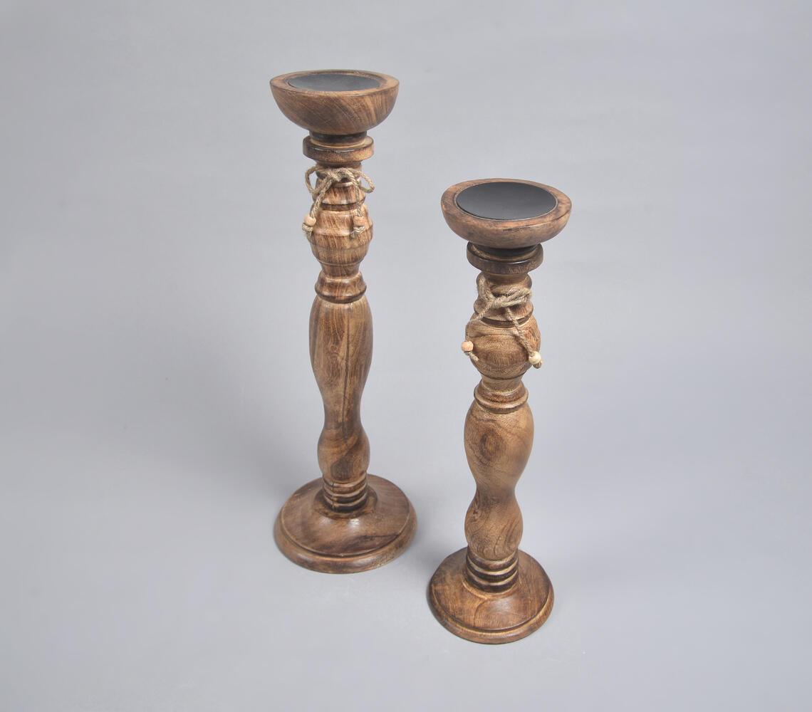 Dark Burnt Wooden Candle Holders (Set of 2) - GAAIA