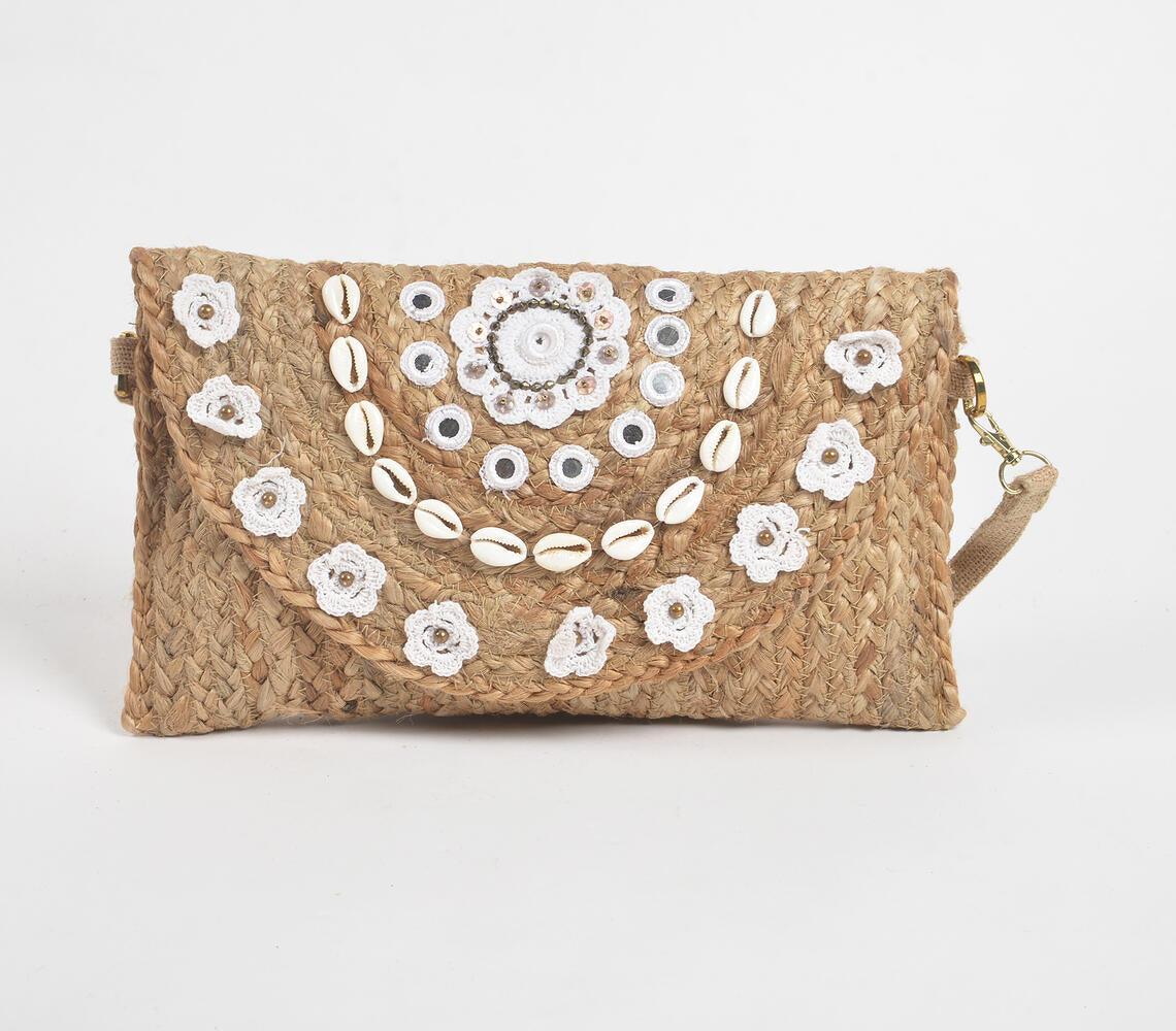 Embellished Shells & Flowers Jute Sling Bag - GAAIA