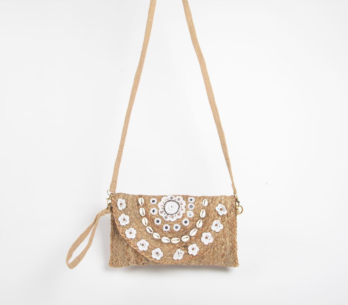 Embellished Shells & Flowers Jute Sling Bag - GAAIA