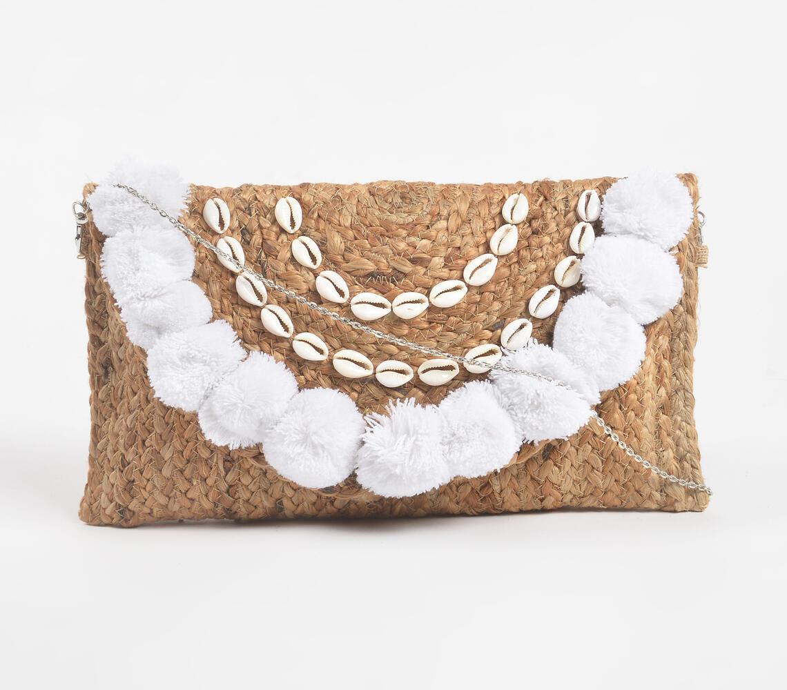 Embellished Shells & Pom-poms Jute Sling Bag - GAAIA