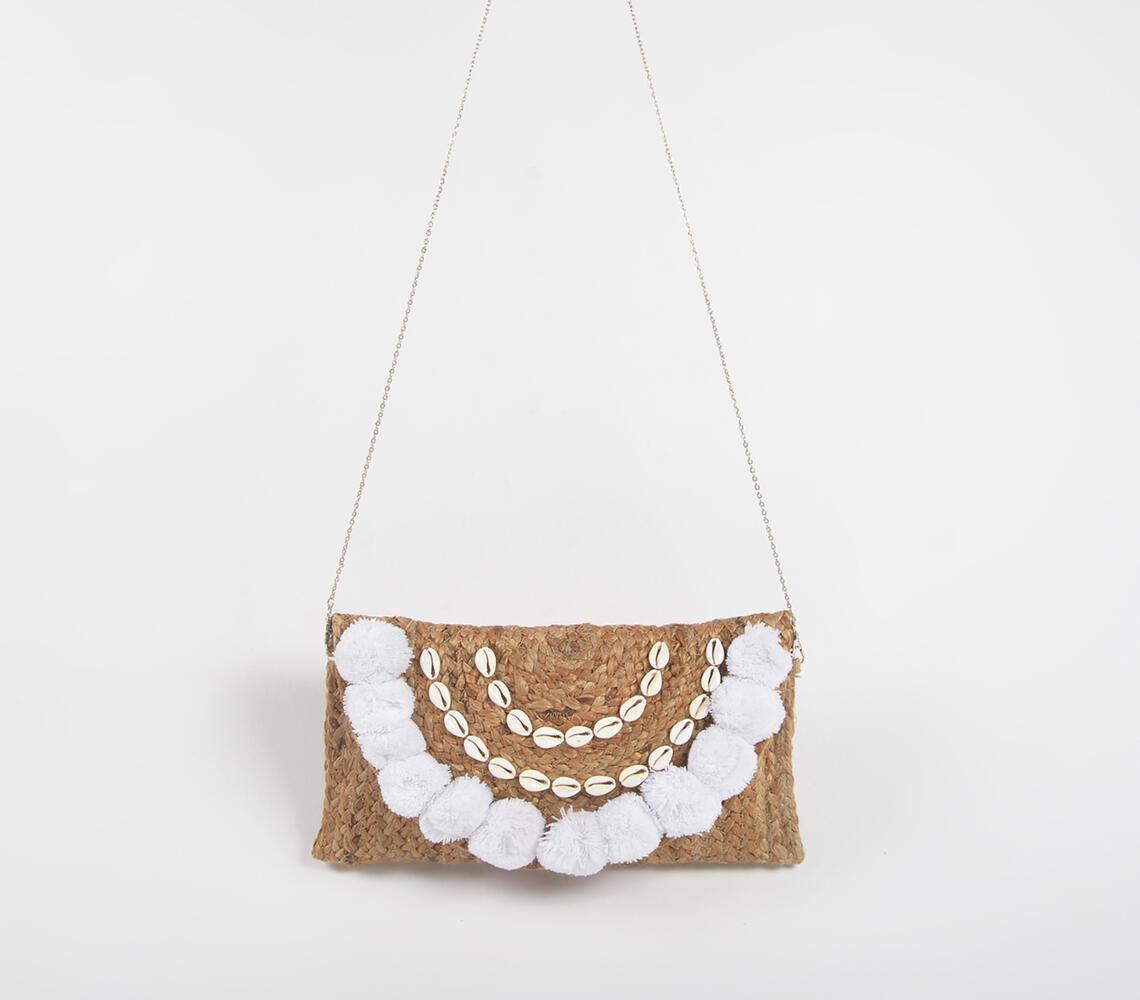 Embellished Shells & Pom-poms Jute Sling Bag - GAAIA