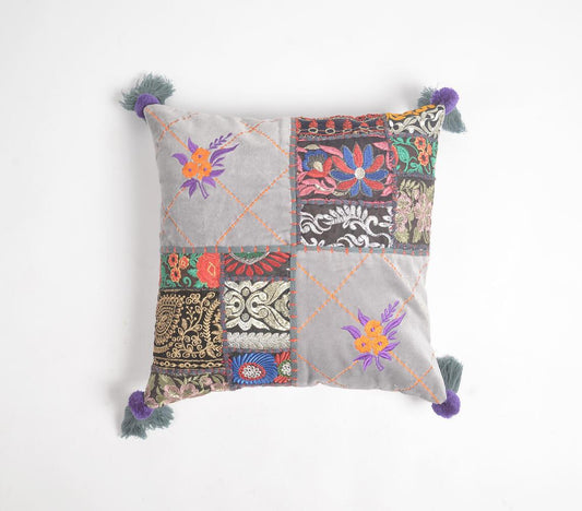 Embroidered-Patch Work Cotton Tasseled Cushion Cover - GAAIA