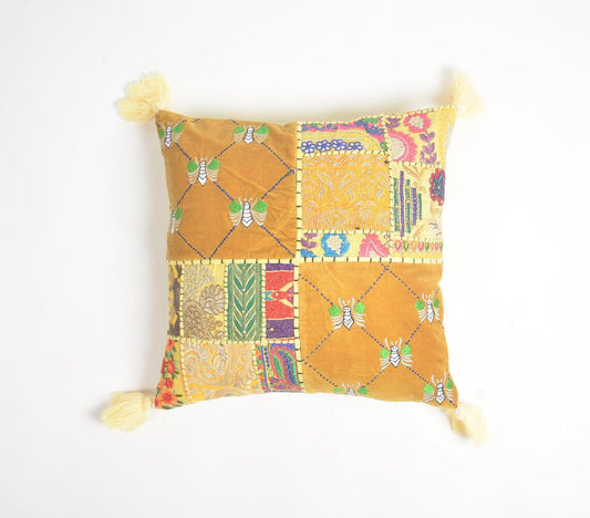 Floral Embroidered Patchwork Cotton Tasseled Cushion Cover - GAAIA