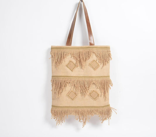 Frayed Diamond Pattern Jute Tote Bag - GAAIA