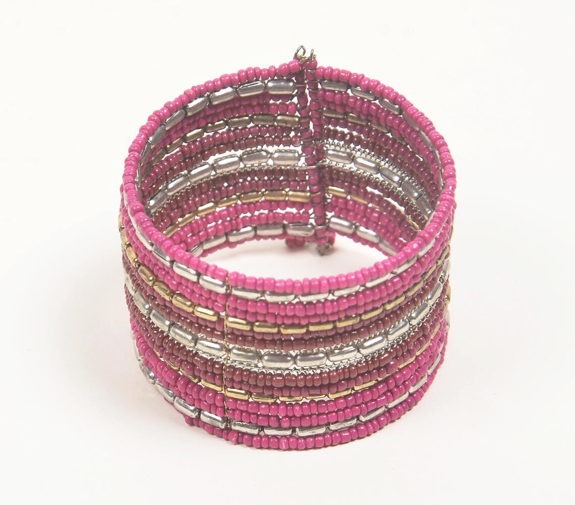 Fuschia Glass Beaded Stacked Cuff Bracelet - GAAIA