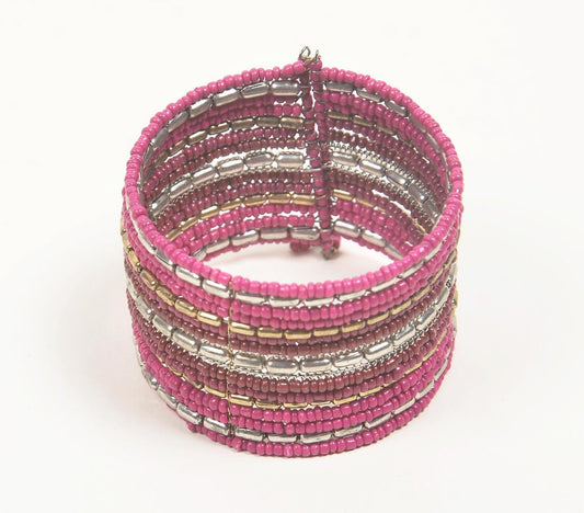 Fuschia Glass Beaded Stacked Cuff Bracelet - GAAIA